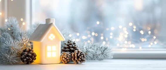 A hand turns on the light in a miniature ceramic house decoration. Cozy winter scene with pine cones and glowing bokeh lights. Christmas holiday and home comfort concept - Powered by Adobe