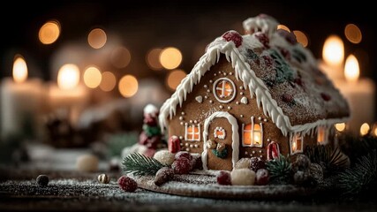 A festive gingerbread house with glowing windows. Cozy Christmas holiday decoration with warm bokeh lights. Homemade winter baking tradition concept - Powered by Adobe