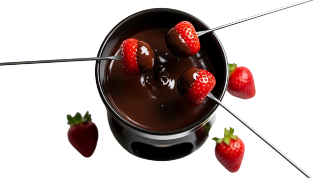 chocolate fondue with strawberries. isolated on transparent background