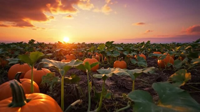 Orange pumpkins in a field at sunset agricultural concept