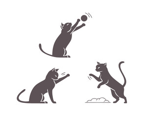 Three playful cat silhouettes isolated on white background vector illustration capturing feline antics and domestic animal behavior