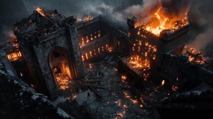 Destruction and Chaos Erupt as Flames Consume an Ancient Castle Surrounded by the Darkness of Night, Creating a Scene of Devastation and Fear