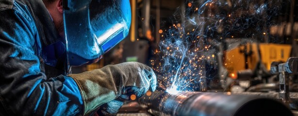 The Welder in Protective Gear Sparks Welding on Industrial Steel Pipe at Night