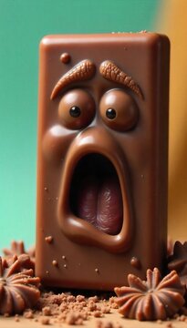 Naklejki Hilariously Surprised Milk Chocolate Bar Ready to Unwrap Fun Confectionery Photo for Blogs and Websites