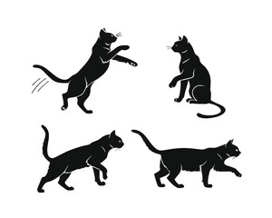 Black Cat Silhouettes Collection Depicting Various Actions and Poses on a Clean White Background for Creative Projects