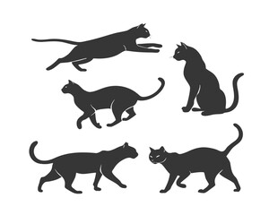 Collection of Five Cat Silhouettes in Various Poses on White Background Design Element Vector Art