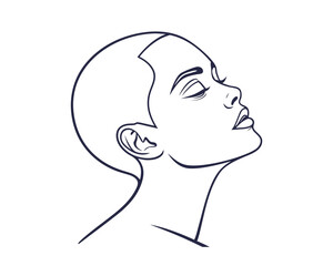 Elegant line art illustration of a woman looking up with closed eyes showcasing feminine beauty and minimalist design aesthetic