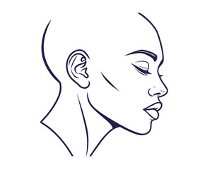 Elegant Line Art Portrait of a Bald Woman in Profile Isolated on White Minimalist and Modern Artistic Design