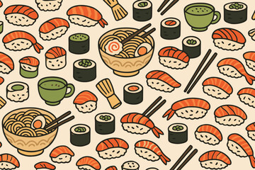 Sushi and noodle pattern with green tea and various sushi types displayed in a colorful design