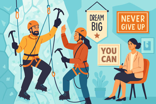 Climbers training indoors with encouragement from a coach and motivational posters during a sunny day - Powered by Adobe