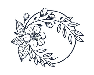 Elegant Floral Circle Frame with Blooming Flower and Leaves for Wedding Invitations and Creative Design Projects black and white illustration