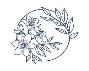 Elegant Floral Wreath Illustration with Blooming Flowers and Delicate Leaves Perfect for Botanical Designs and Wedding Invitations