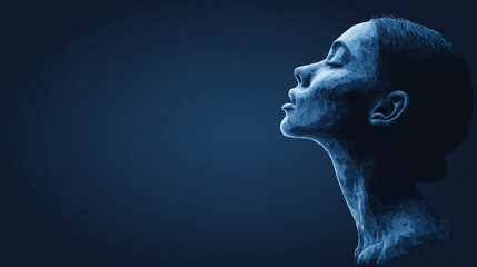 Low poly digital portrait of a serene woman’s face in profile, illuminated in blue light against a dark gradient background symbolizing technology and artificial intelligence