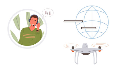 Customer support agent with headset, quadcopter in flight, and networked globe symbolizing global reach. Ideal for logistics, tech, customer service, innovation, efficiency, communication support