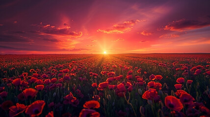 Crimson bloom horizon: A vibrant sunset over a sea of scarlet poppies