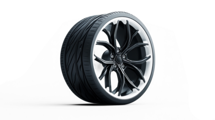 Sleek black car wheel with modern rim design  on Transparent Background