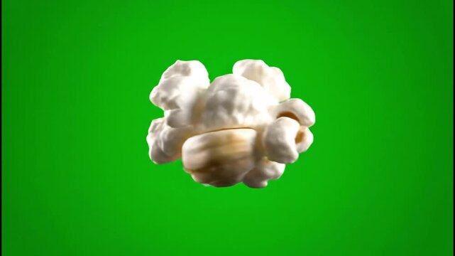 A single piece of fluffy white popcorn isolated against a vibrant green screen background.