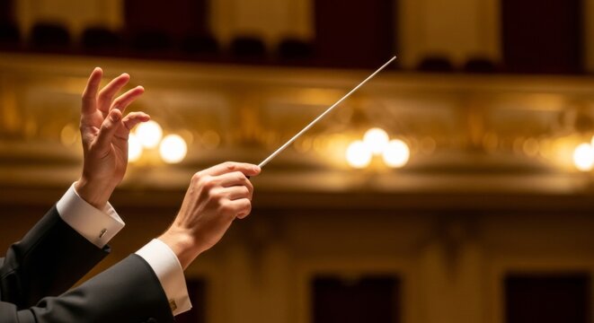 Orchestra conductor's hands and baton directing symphony