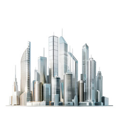 Dense Urban Skyline with Tall Glass and Steel Skyscrapers on White Base and Black Background