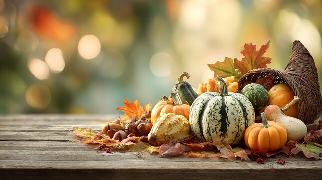 Abundant harvest cornucopia overflows with vibrant gourds and autumn leaves on rustic wooden table, celebrating Thanksgiving bounty