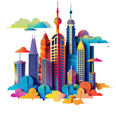 Colorful Abstract Cityscape with Stylized Buildings and Clouds on Black Background
