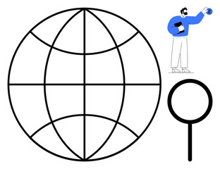 Large globe grid with man holding tablet and magnifying glass symbolizing global connection, search, and research. Ideal for innovation, networking, digital exploration, data analysis, education