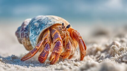 A vibrant hermit crab crawls across the soft sand of a sunny beach showcasing its unique shell. The ocean waves are gently flowing in the background creating a serene atmosphere.
