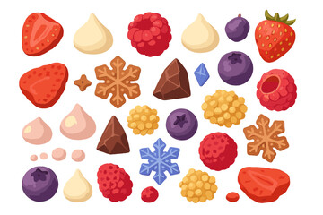 Colorful collection of assorted candies and fruits in a playful arrangement for dessert decoration ideas