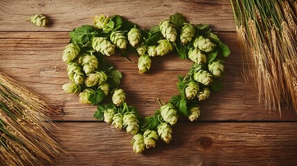 Heart made of hop cones on rustic wooden table