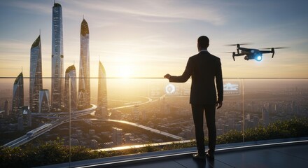 Businessman overlooking futuristic smart city with drone and holographic interface at sunset