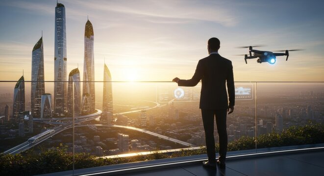 Businessman overlooking futuristic smart city with drone and holographic interface at sunset - Powered by Adobe
