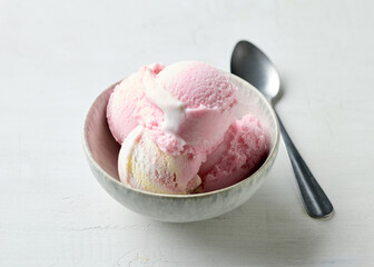 bowl of pink raspberry ice cream