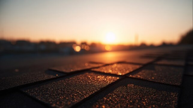 Golden sunlight shines on a rooftop illuminating the textured shingles while casting a serene ambiance. Evening sky showcases vibrant colors as day transitions to night.
