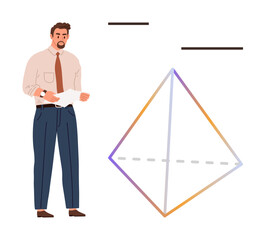 Man in formal attire holds paper, observing a diagram with vibrant pyramid shape and lines. Ideal for business analysis, education, planning, learning, geometry, visualization, simple flat metaphor