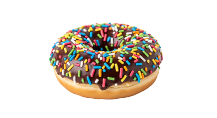 Chocolate donut with colorful sprinkles isolated on transparent background