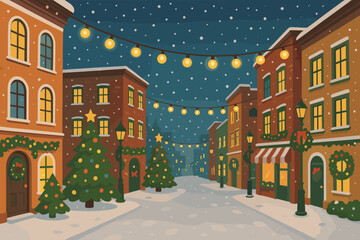 Fototapeta premium Festive street scene with snow, Christmas decorations, and warm lights during winter night