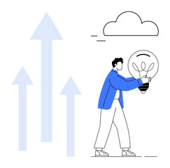Man carrying large lightbulb approaches upward arrows symbolizing growth, progress, and innovation. Ideal for success, creativity, leadership, business, innovation, growth mindset problem-solving