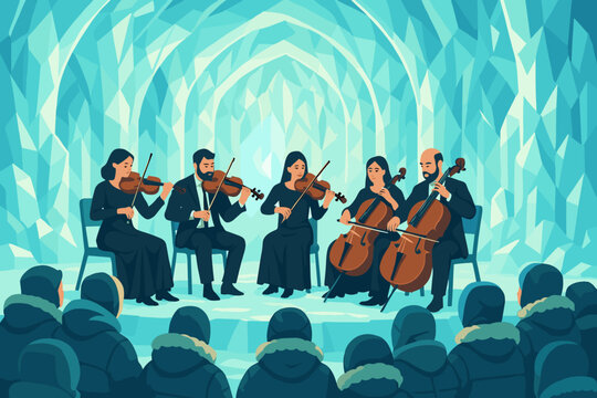 Classical music concert performed by a string quartet in a frozen cave at night