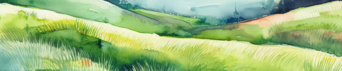 Lively green and yellow watercolor hills and meadow landscape. Abstract, refreshing nature scenery. Panoramic banner.