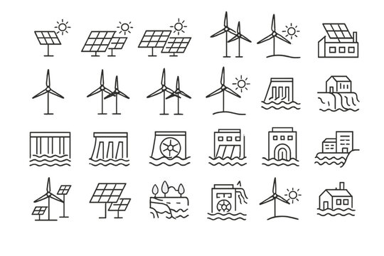 Icons representing various renewable energy sources in a clean and modern design suitable for educational or informational purposes