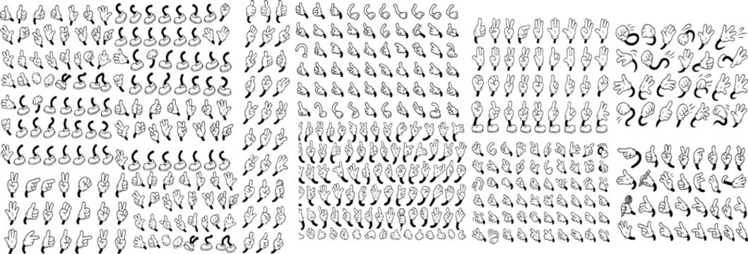 Retro cartoon legs and hands, Hands with gloves and feet with boots, various poses for characters, a set of poses, gestures, placement of hands and feet. Mascot character set.