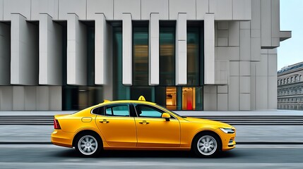 Fototapeta premium Yellow taxi cab parked on city street, showcasing modern architecture in the background, with clean lines and geometric shapes, emphasizing urban transportation and contemporary design aesthetics