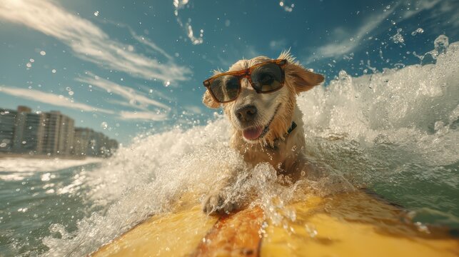 Exuberant Surfing Canine Wearing Sunglasses Riding a Vibrant Yellow Surfboard, Ideal for Social Media Campaigns and Lifestyle Branding, Evoking a Sense of Joy and Adventure. - Powered by Adobe