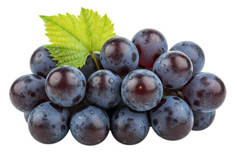 Fresh Purple Grapes Cluster with Green Leaf on White Background