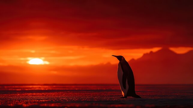 Lone Emperor Penguin Silhouette Against Red Sky Sunset, Ideal for Nature and Wildlife Projects Boosts Sense of Tranquility and Adventure.