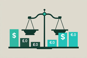 Abstract financial analysis illustration — balance scales weighing charts and currency symbols, representing profit.