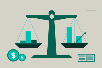 Abstract financial analysis illustration — balance scales weighing charts and currency symbols, representing profit.