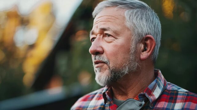 Contemplative senior man with salt-and-pepper beard and plaid shirt, observing his natural surroundings