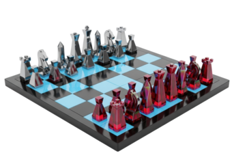 Sleek ultra-modern chessboard with chrome and iridescent crimson pieces, isolated on white with volumetric light, concept of future strategic intelligence