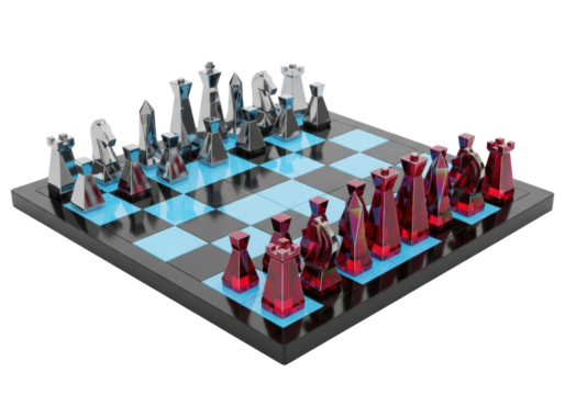 Sleek ultra-modern chessboard with chrome and iridescent crimson pieces, isolated on white with volumetric light, concept of future strategic intelligence